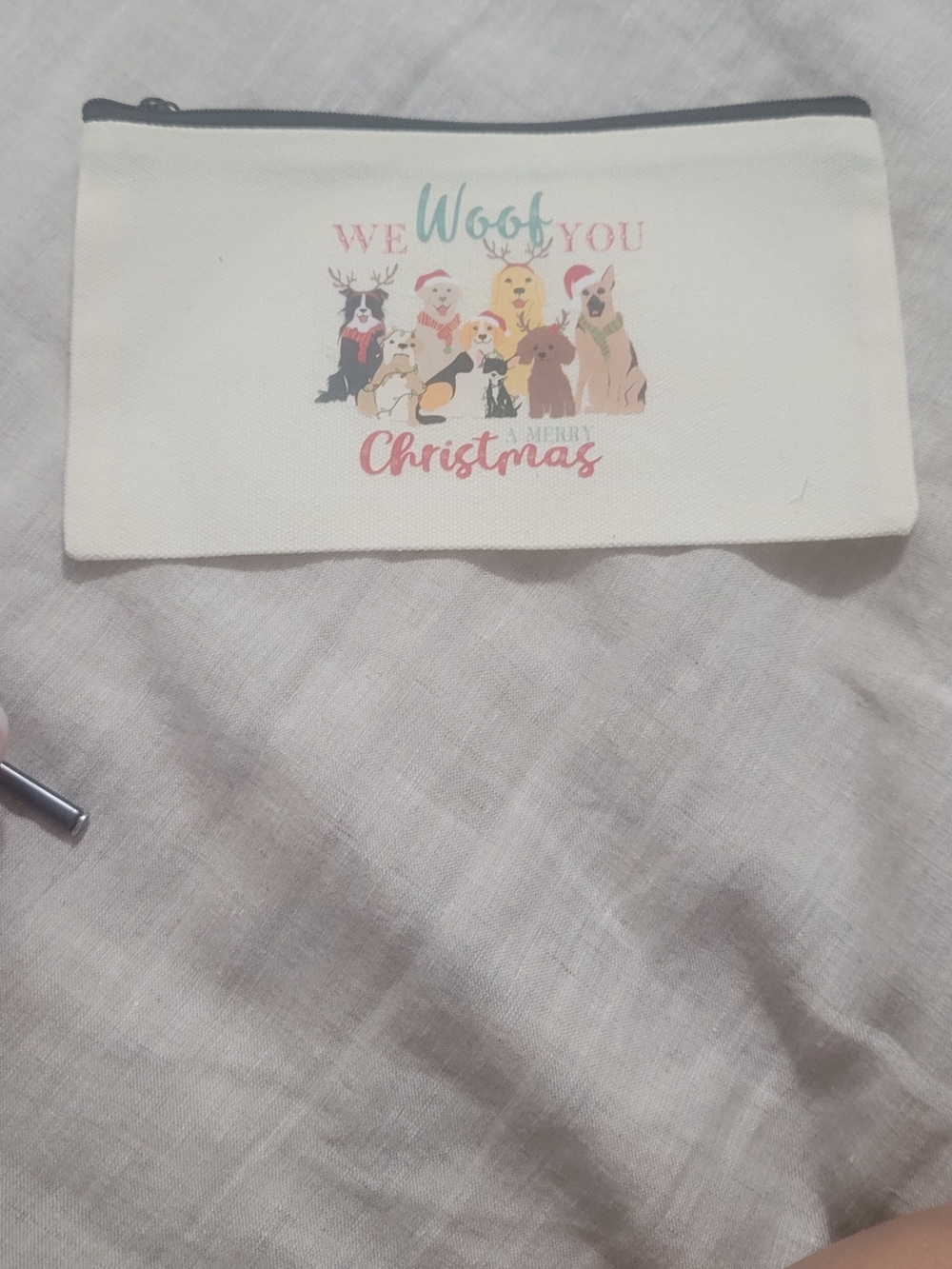 Festive Cream Canvas Money  Pouch with 'We Woof You' Dog Design